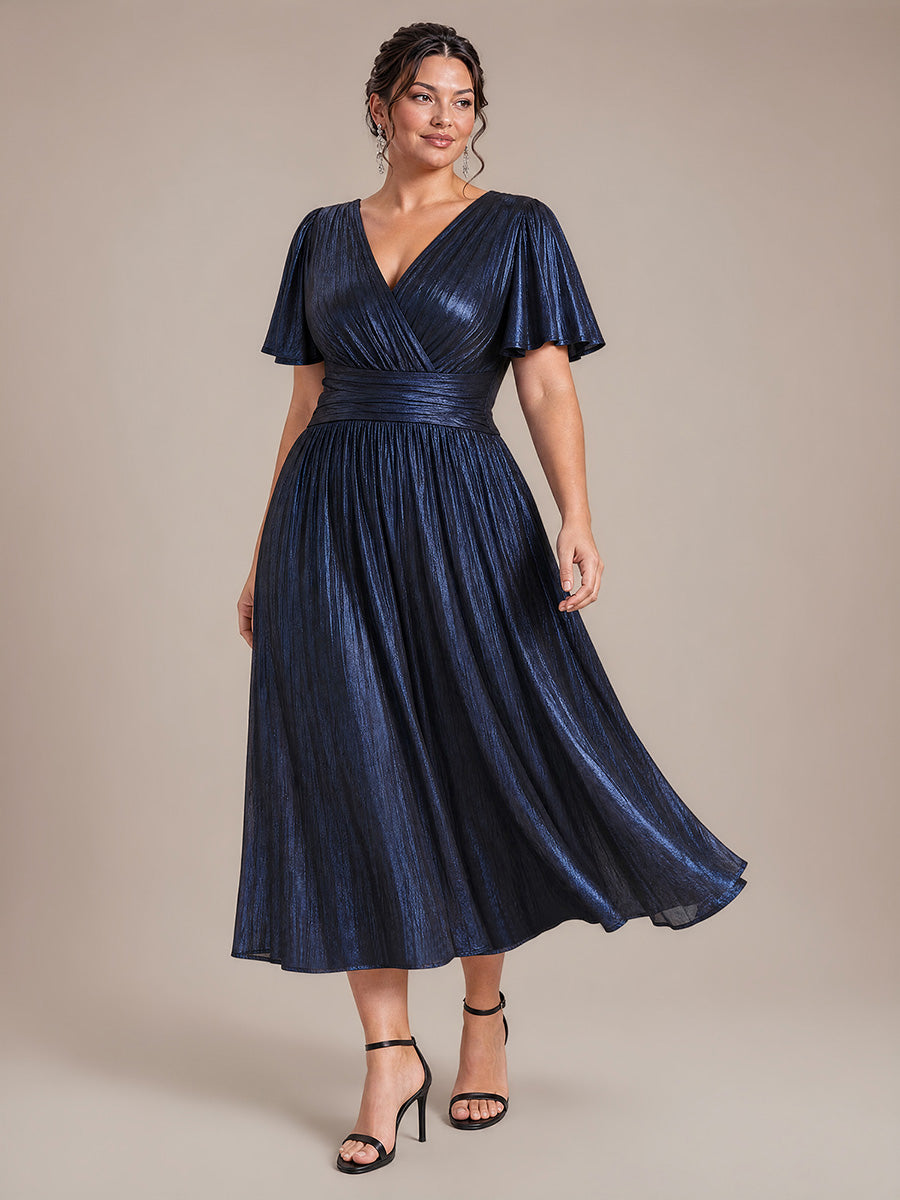 Tea Länge V Ausschnitt Netz Kleid Mit Fließendem Rock Perfekt Für Hochzeiten Und Besondere Anlässe Kleid #Farbe_Marineblau