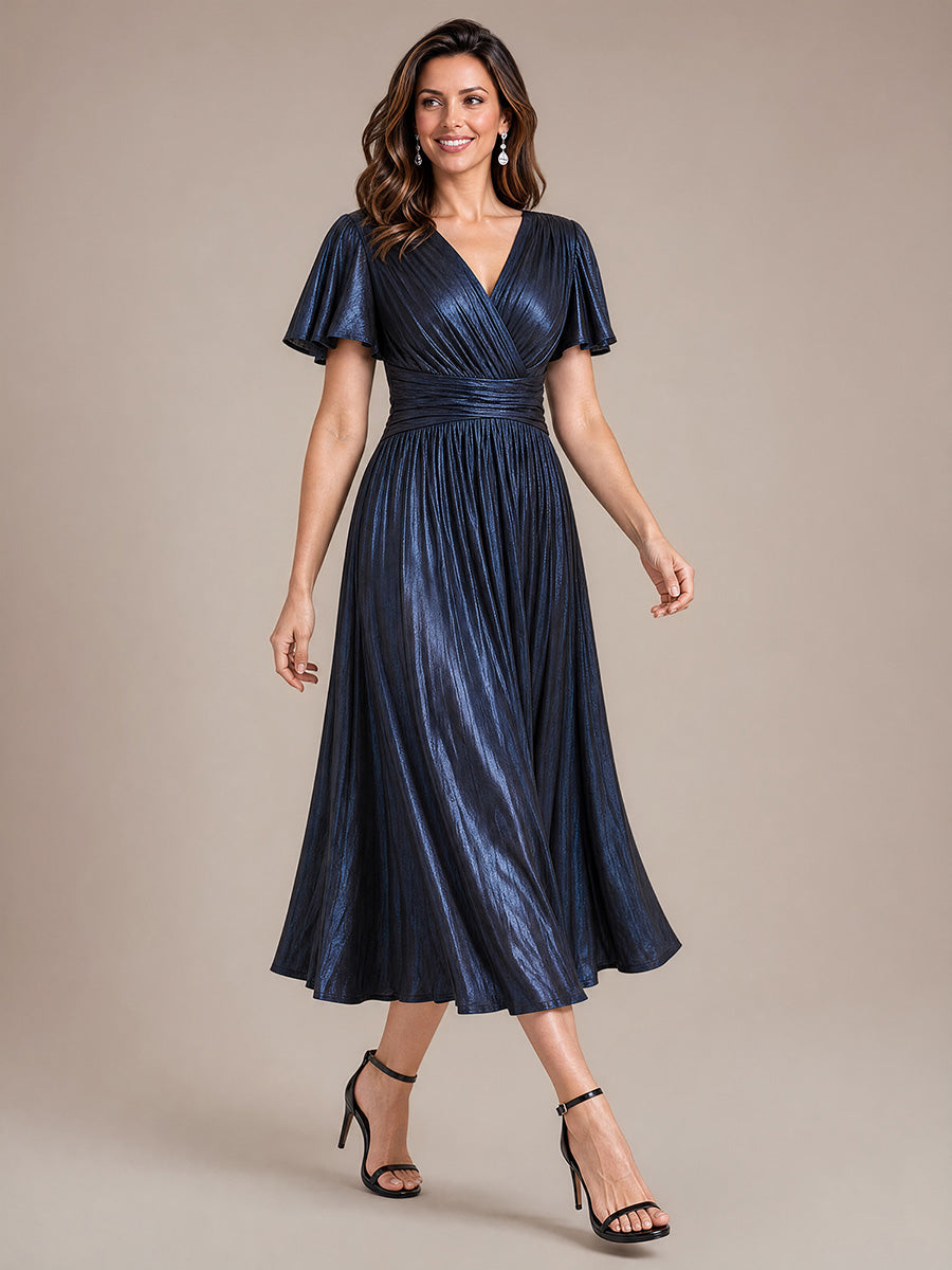 Tea Länge V Ausschnitt Netz Kleid Mit Fließendem Rock Perfekt Für Hochzeiten Und Besondere Anlässe Kleid #Farbe_Marineblau