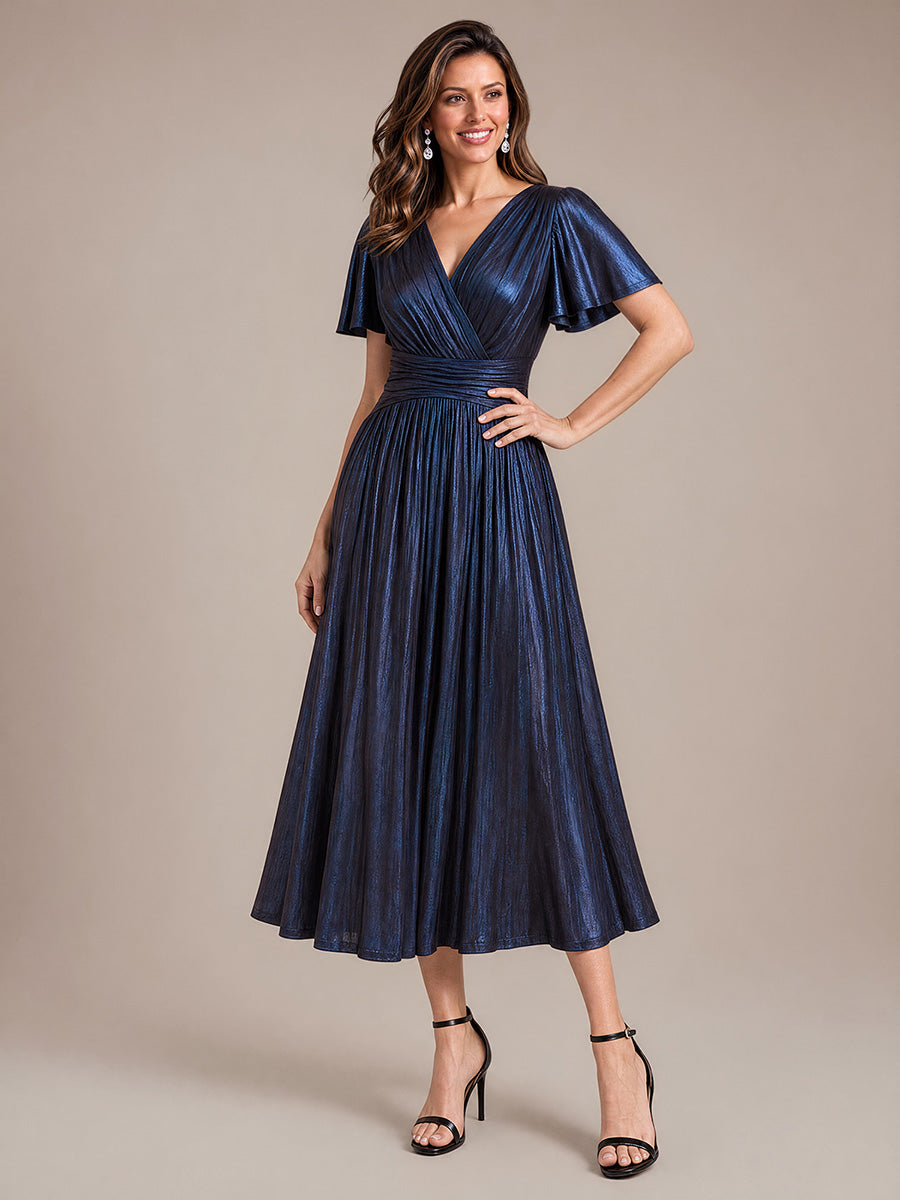 Tea Länge V Ausschnitt Netz Kleid Mit Fließendem Rock Perfekt Für Hochzeiten Und Besondere Anlässe Kleid #Farbe_Marineblau