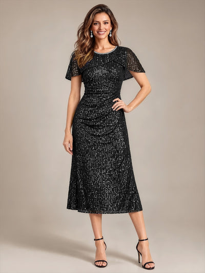 Pailletten A-Linie Knöchellang Cape-Ärmel Hochzeitsgastkleid #Farbe_Schwarz