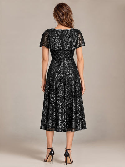 Pailletten A-Linie Knöchellang Cape-Ärmel Hochzeitsgastkleid #Farbe_Schwarz
