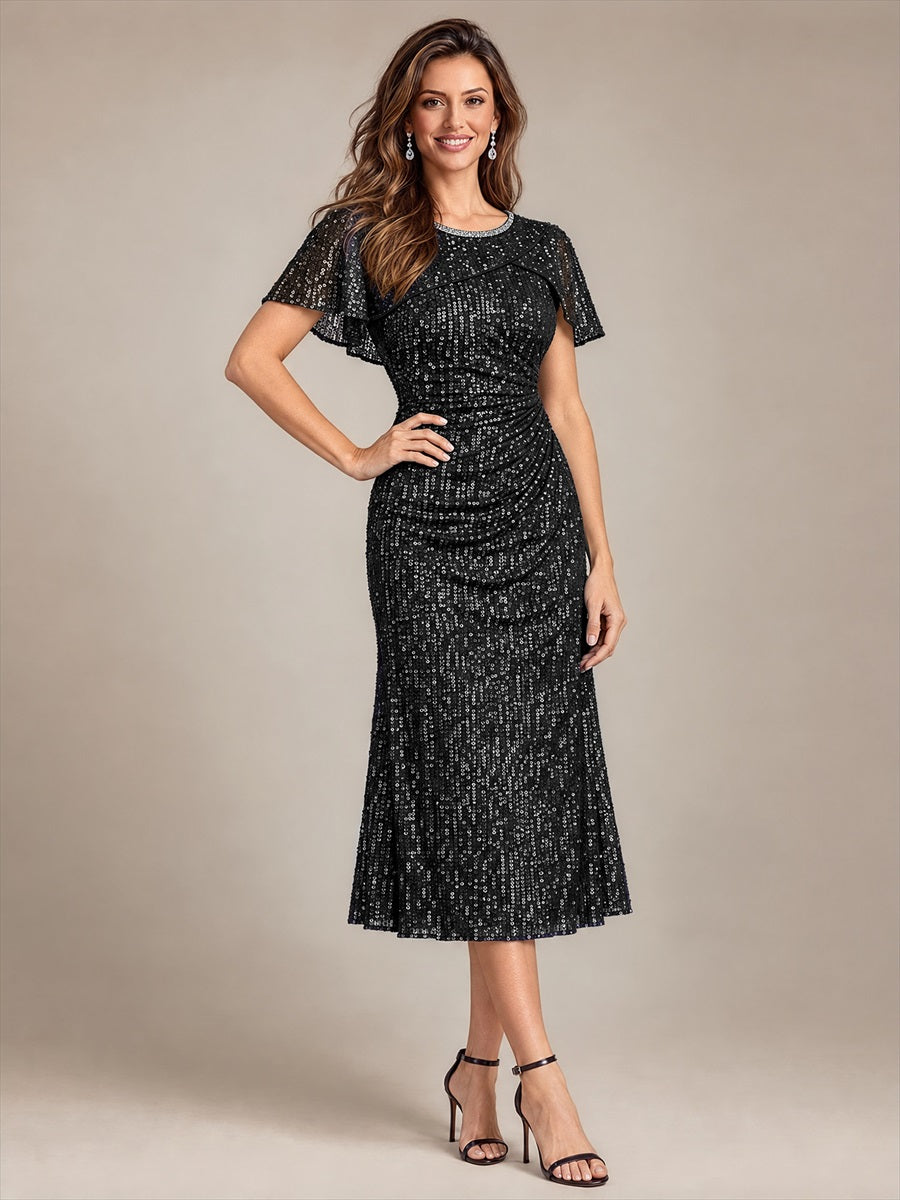 Pailletten A-Linie Knöchellang Cape-Ärmel Hochzeitsgastkleid #Farbe_Schwarz