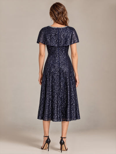 Pailletten A-Linie Knöchellang Cape-Ärmel Hochzeitsgastkleid #Farbe_Marineblau