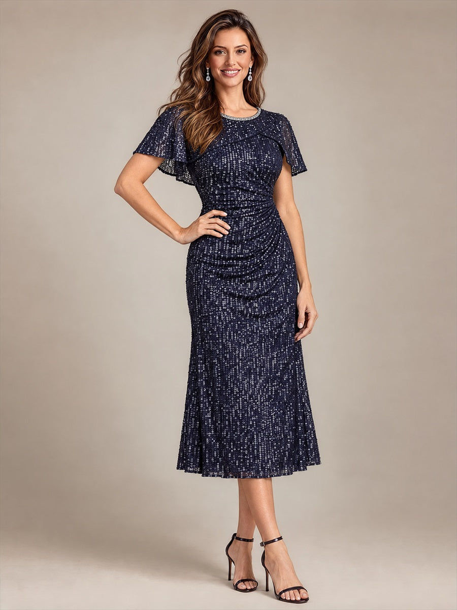 Pailletten A-Linie Knöchellang Cape-Ärmel Hochzeitsgastkleid #Farbe_Marineblau