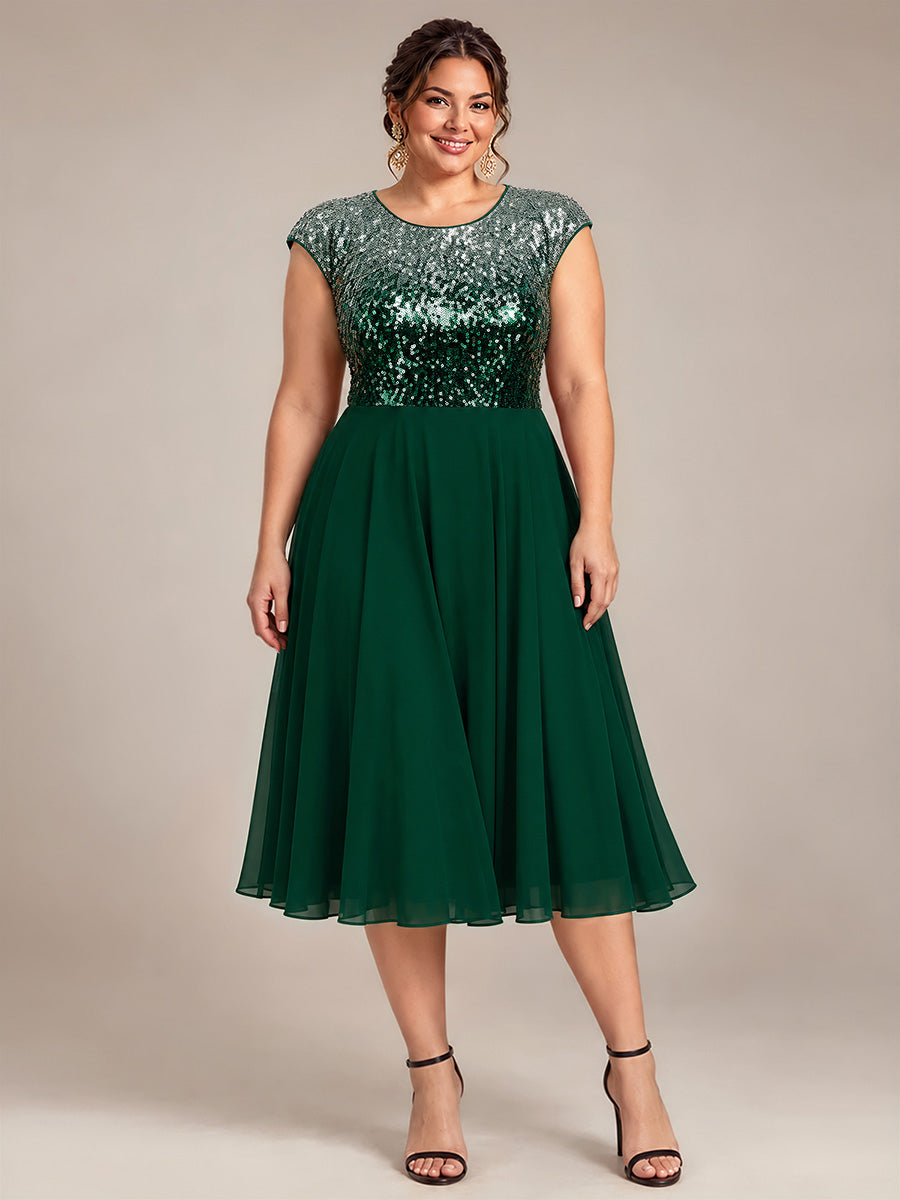 Pailletten A-Linie Cap-Ärmel Hochzeitsgastkleid #Farbe_Grün & Silber