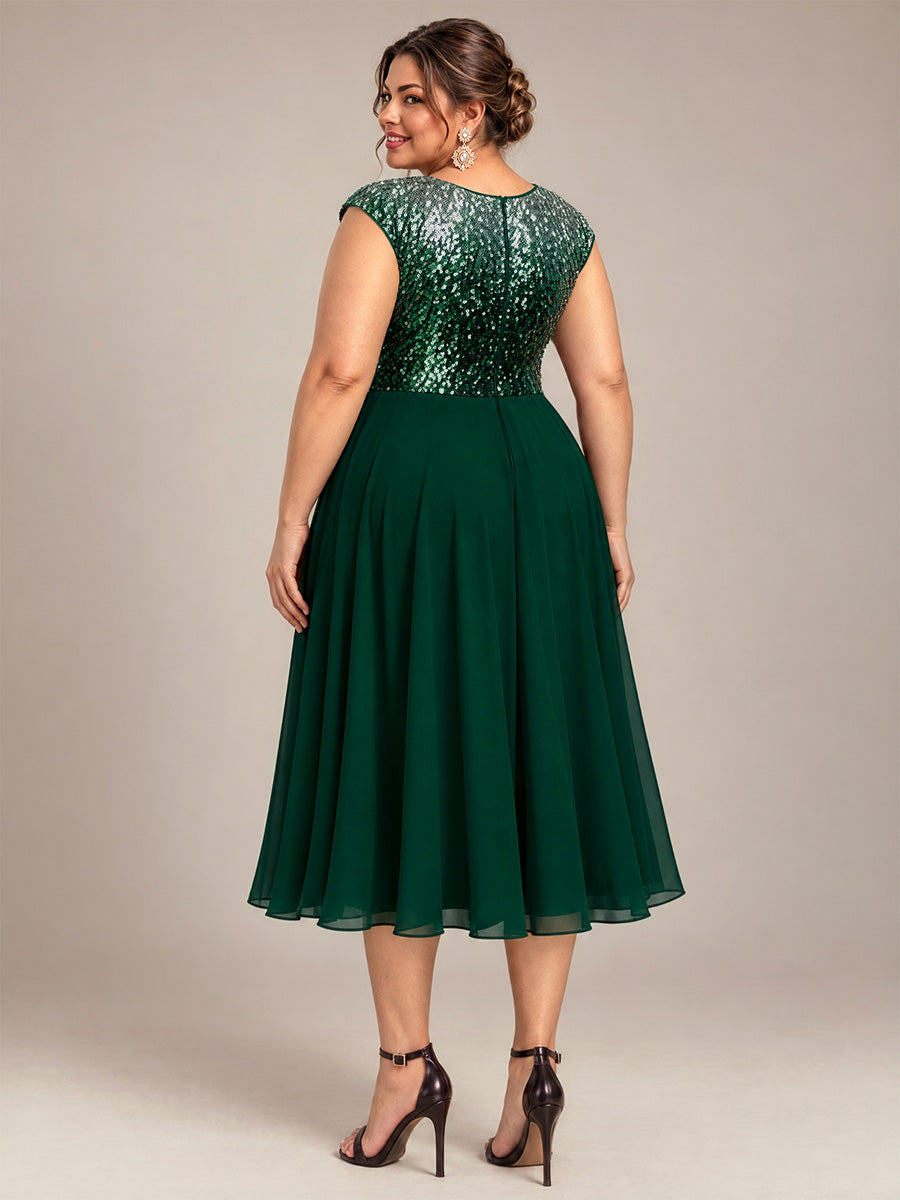 Pailletten A-Linie Cap-Ärmel Hochzeitsgastkleid #Farbe_Grün & Silber