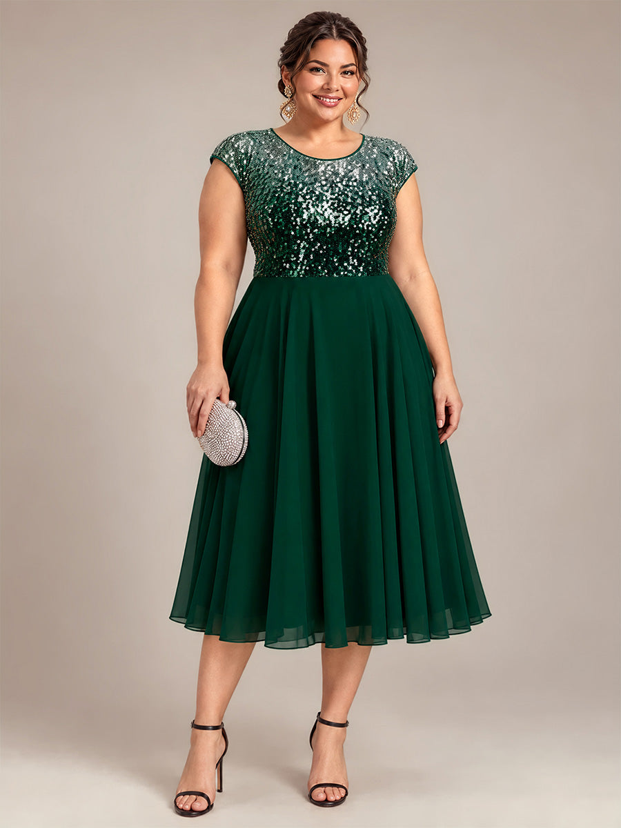 Pailletten A-Linie Cap-Ärmel Hochzeitsgastkleid #Farbe_Grün & Silber
