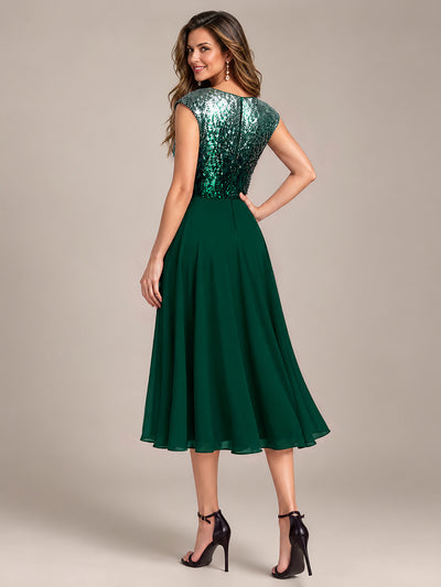Pailletten A-Linie Cap-Ärmel Hochzeitsgastkleid #Farbe_Grün & Silber