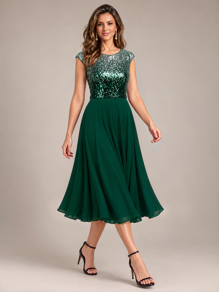 Pailletten A-Linie Cap-Ärmel Hochzeitsgastkleid #Farbe_Grün & Silber