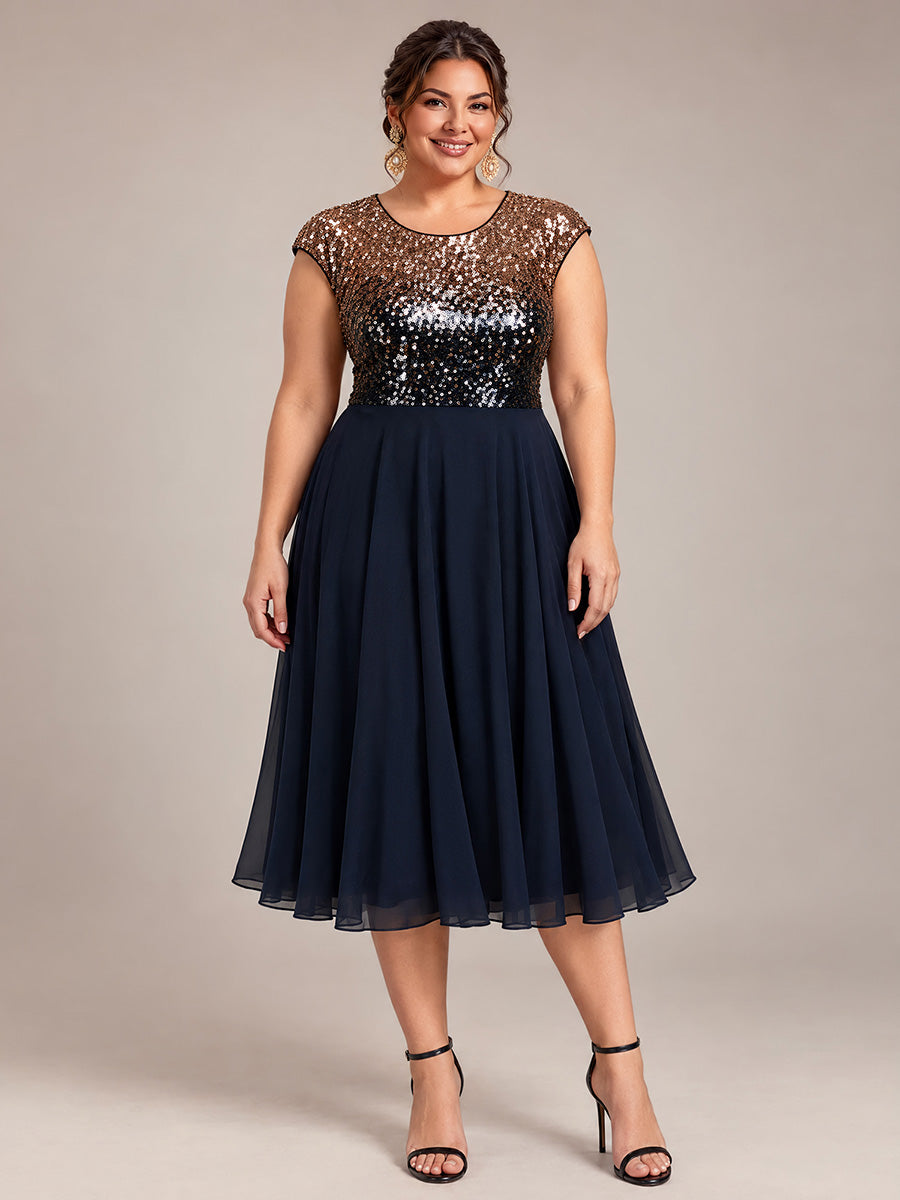 Pailletten A-Linie Cap-Ärmel Hochzeitsgastkleid #Farbe_Marineblau & Champagner