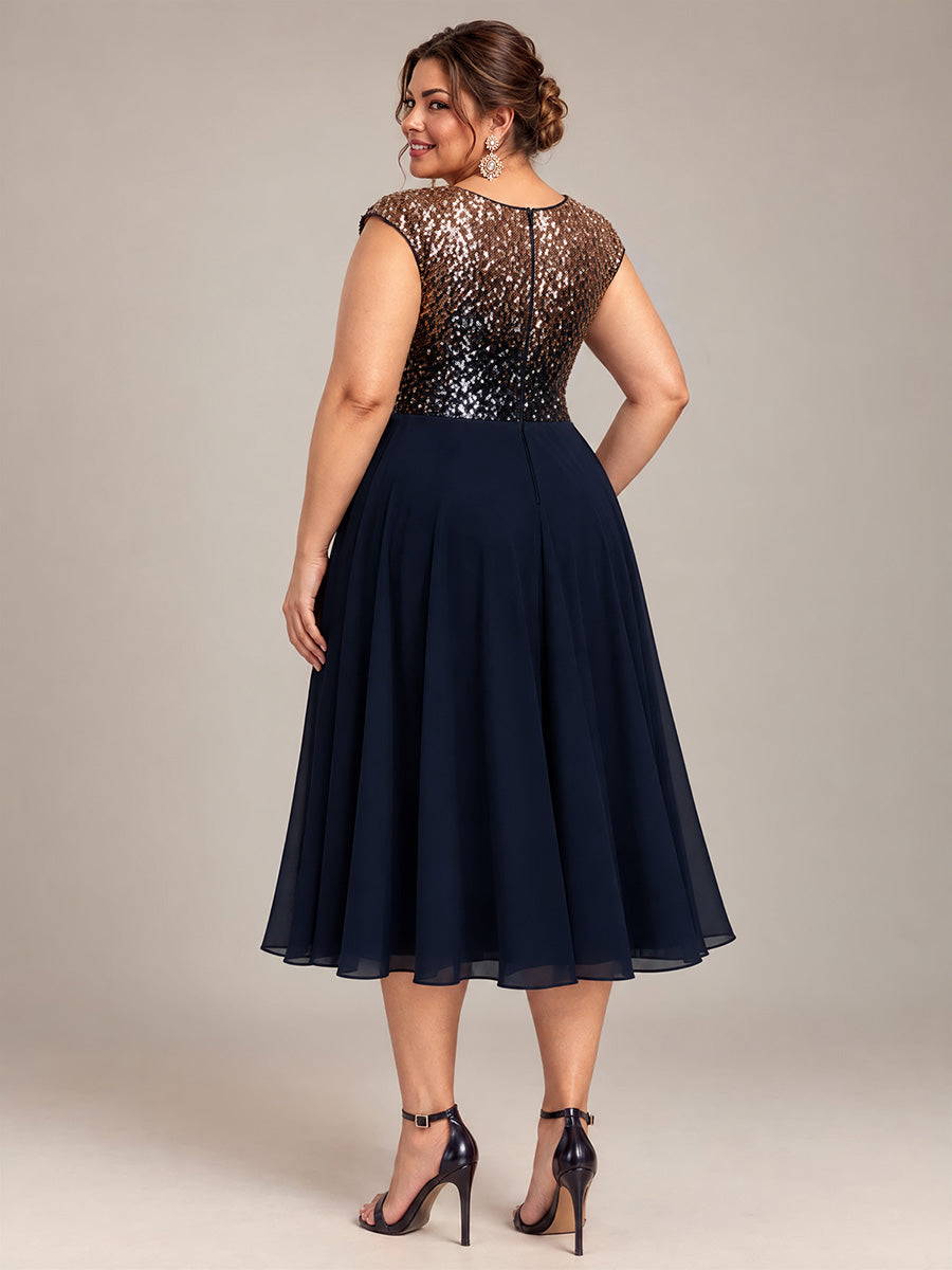 Pailletten A-Linie Cap-Ärmel Hochzeitsgastkleid #Farbe_Marineblau & Champagner