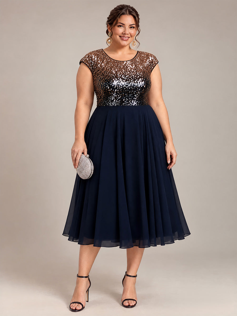 Pailletten A-Linie Cap-Ärmel Hochzeitsgastkleid #Farbe_Marineblau & Champagner