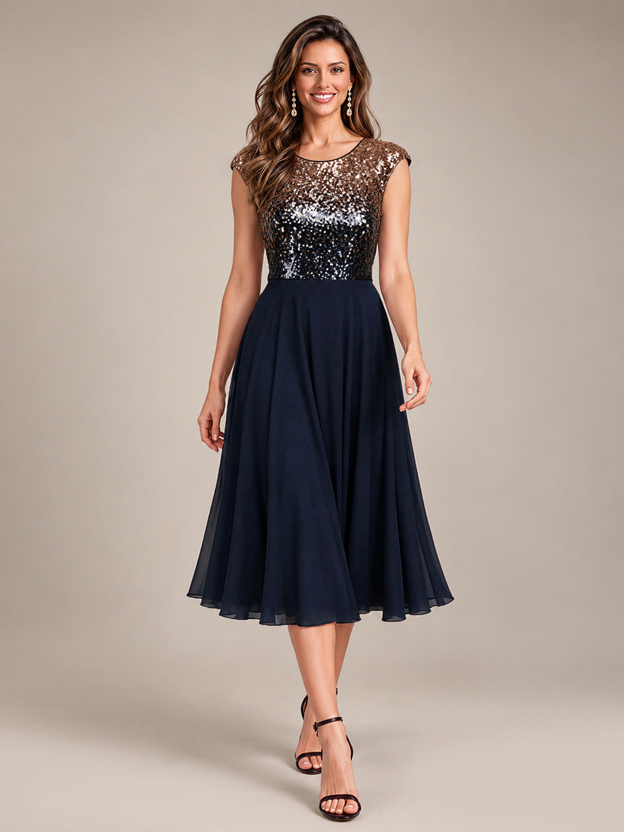 Pailletten A-Linie Cap-Ärmel Hochzeitsgastkleid #Farbe_Marineblau & Champagner