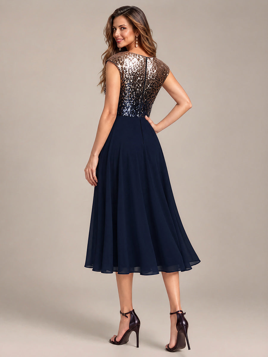 Pailletten A-Linie Cap-Ärmel Hochzeitsgastkleid #Farbe_Marineblau & Champagner