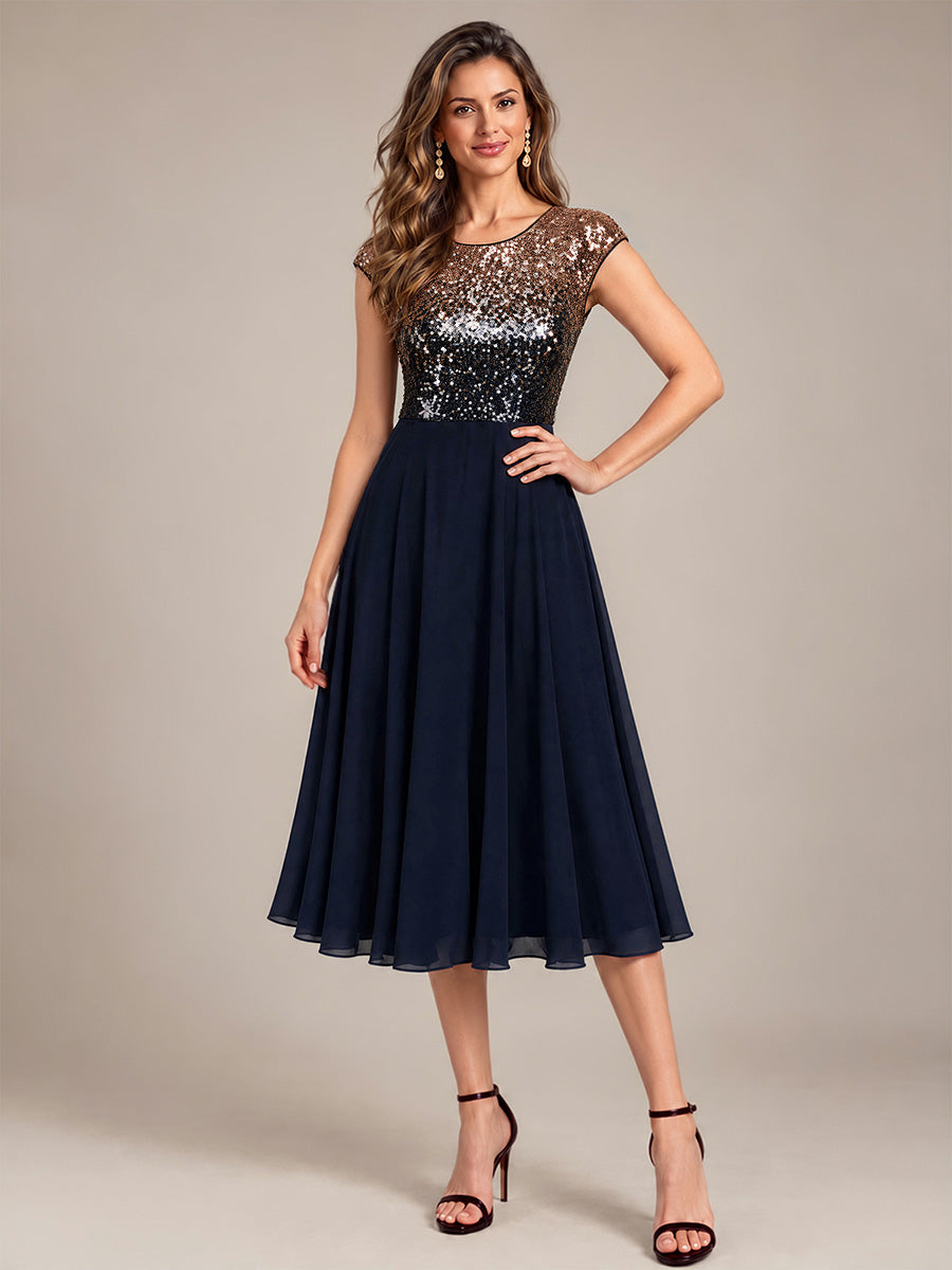 Pailletten A-Linie Cap-Ärmel Hochzeitsgastkleid #Farbe_Marineblau & Champagner