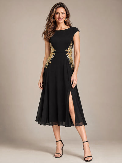 Pailletten Chiffon A-Linie Ärmellos Hochzeitsgastkleid #Farbe_Schwarz