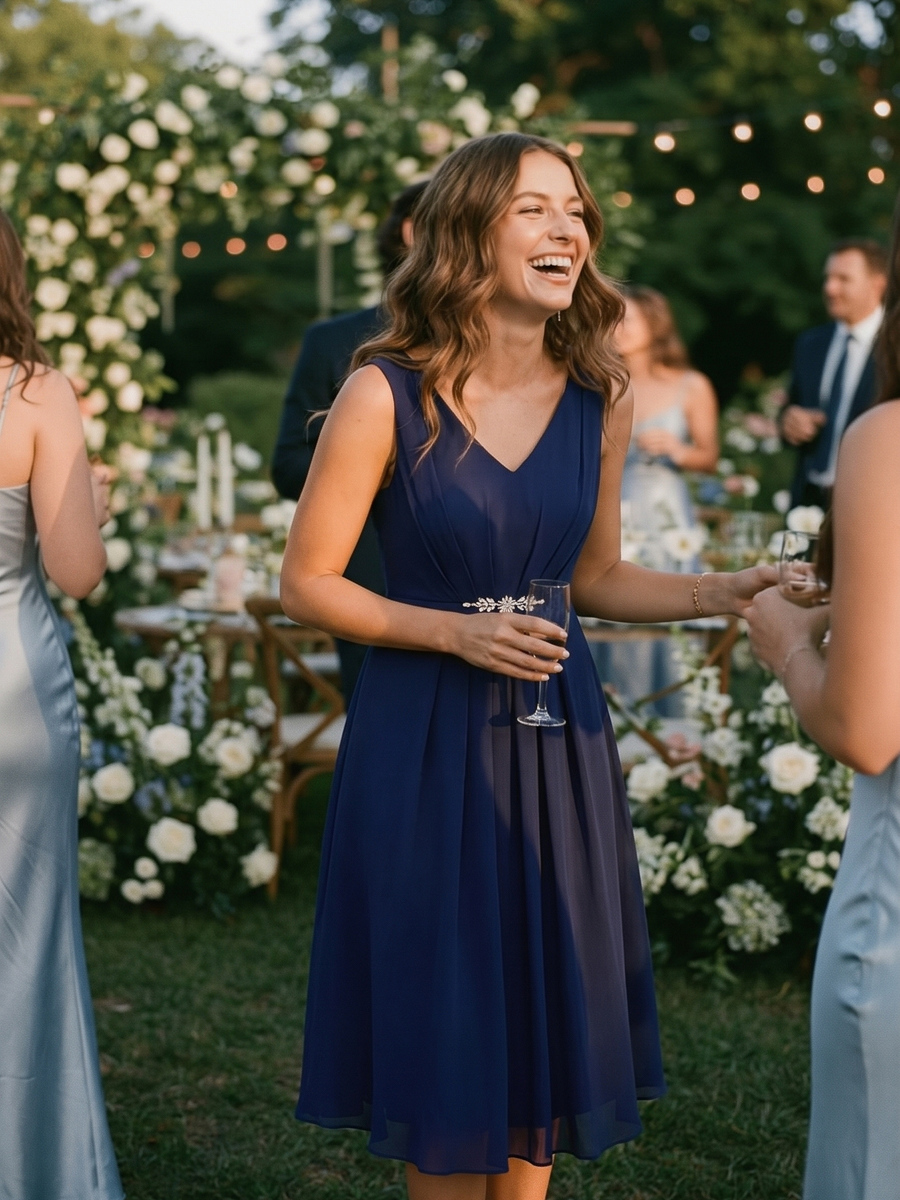 Midi Tee Länge V Ausschnitt Chiffon Kleid Mit Fließendem Rock Perfekt Für Hochzeiten Und Besondere Anlässe Kleid #Farbe_Marineblau