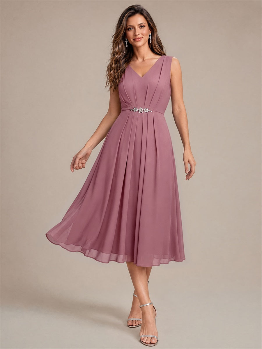 Midi Tee Länge V Ausschnitt Chiffon Kleid Mit Fließendem Rock Perfekt Für Hochzeiten Und Besondere Anlässe Kleid #Farbe_Orchideenviolett