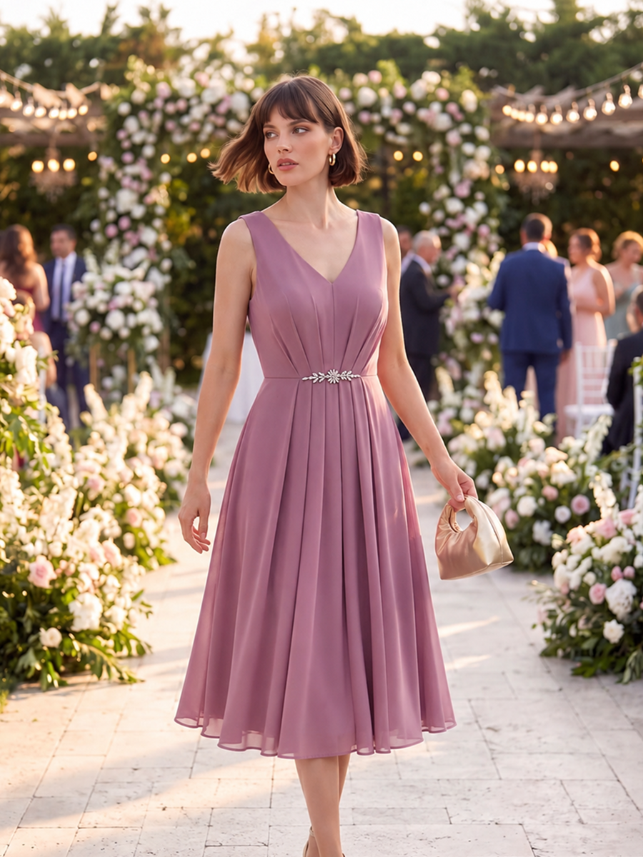 Midi Tee Länge V Ausschnitt Chiffon Kleid Mit Fließendem Rock Perfekt Für Hochzeiten Und Besondere Anlässe Kleid #Farbe_Orchideenviolett