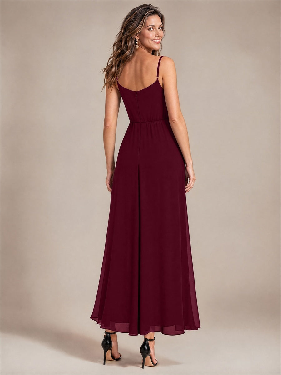 Chiffon Knöchellanges V-Ausschnitt Ärmelloses Hochzeitsgastkleid #Farbe_Burgunderrot