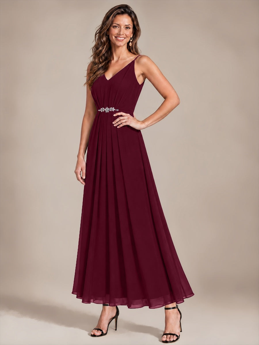 Chiffon Knöchellanges V-Ausschnitt Ärmelloses Hochzeitsgastkleid #Farbe_Burgunderrot