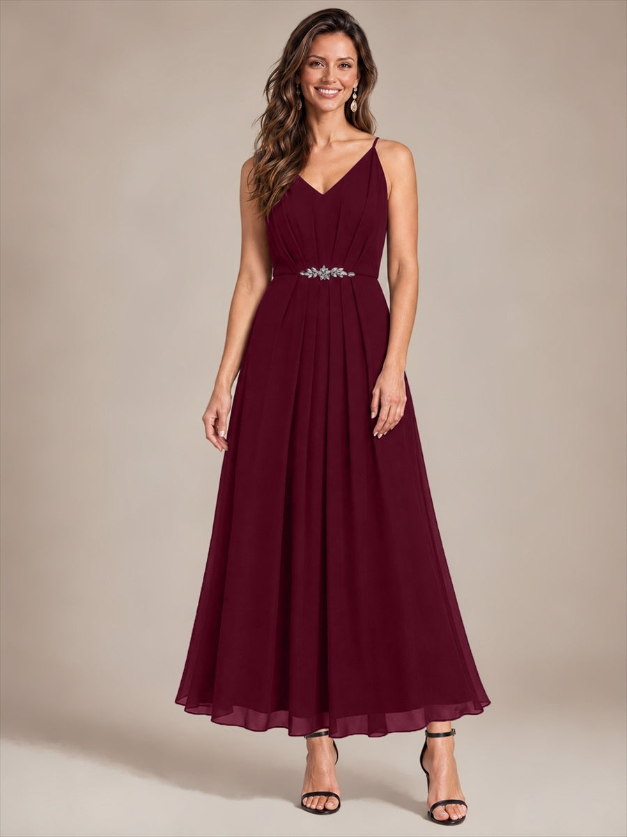 Chiffon Knöchellanges V-Ausschnitt Ärmelloses Hochzeitsgastkleid #Farbe_Burgunderrot