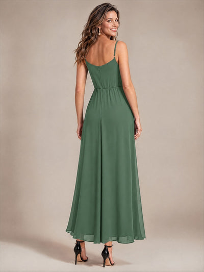 Chiffon Knöchellanges V-Ausschnitt Ärmelloses Hochzeitsgastkleid #Farbe_Eukalyptus