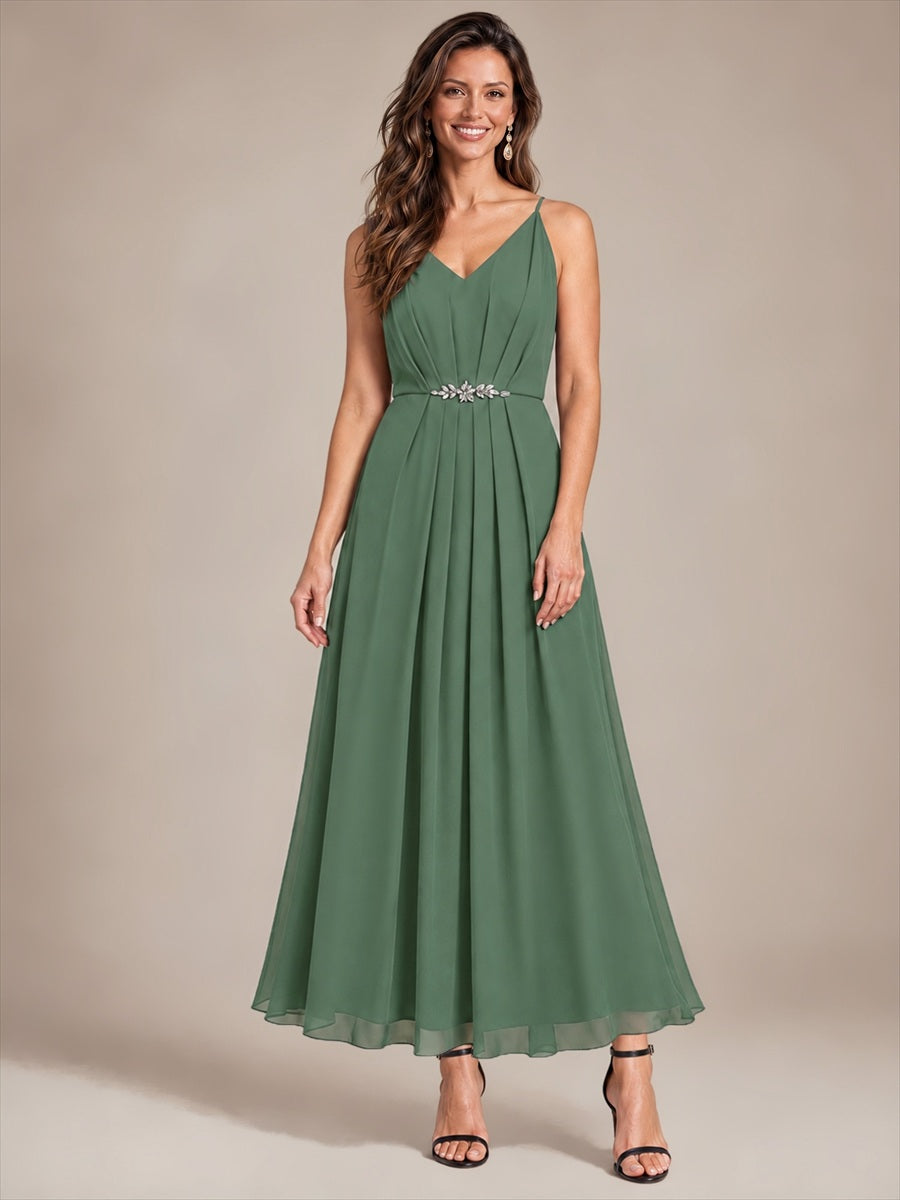 Chiffon Knöchellanges V-Ausschnitt Ärmelloses Hochzeitsgastkleid #Farbe_Eukalyptus