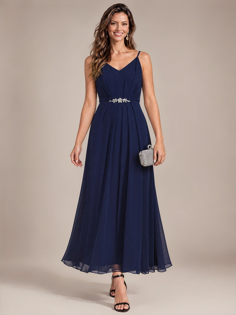 Chiffon Knöchellanges V-Ausschnitt Ärmelloses Hochzeitsgastkleid #Farbe_Marineblau
