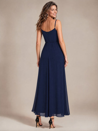 Chiffon Knöchellanges V-Ausschnitt Ärmelloses Hochzeitsgastkleid #Farbe_Marineblau