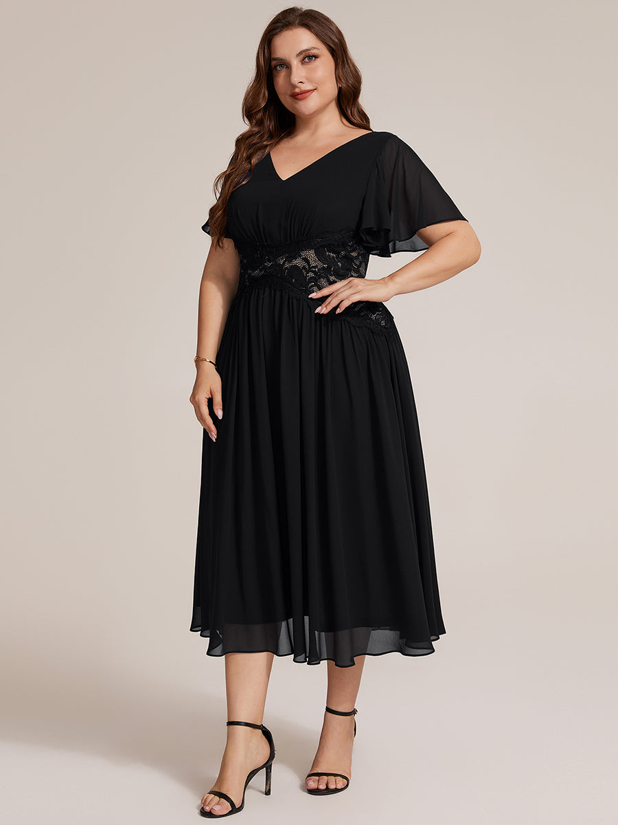 Midi Tee-Länge A-Linie Kleid Mit V-Ausschnitt Chiffon Stoff Und Rüschen Eleganter Stil Kleid #Farbe_Schwarz
