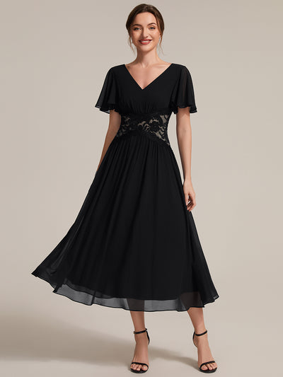 Midi Tee-Länge A-Linie Kleid Mit V-Ausschnitt Chiffon Stoff Und Rüschen Eleganter Stil Kleid #Farbe_Schwarz