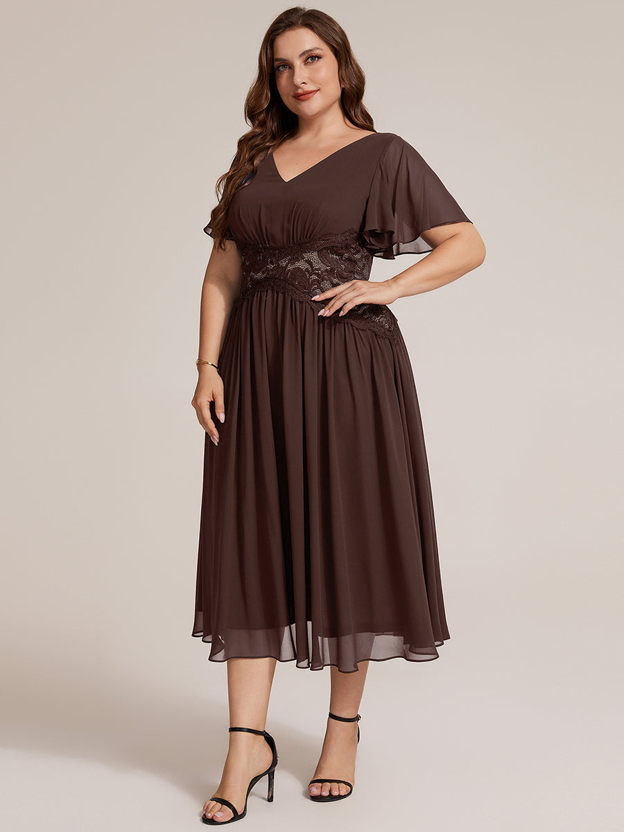 Midi Tee-Länge A-Linie Kleid Mit V-Ausschnitt Chiffon Stoff Und Rüschen Eleganter Stil Kleid #Farbe_Schokoladenbraun