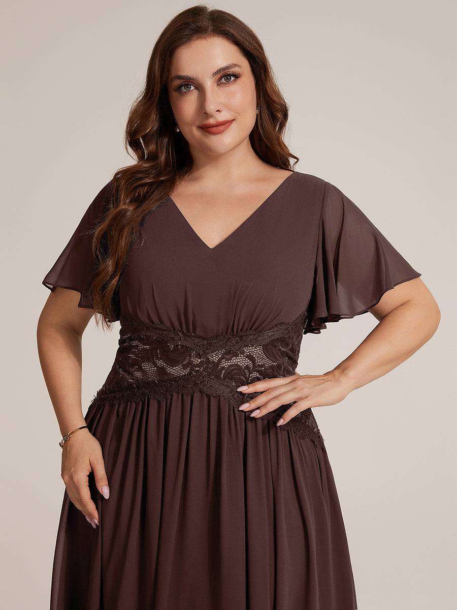 Midi Tee-Länge A-Linie Kleid Mit V-Ausschnitt Chiffon Stoff Und Rüschen Eleganter Stil Kleid #Farbe_Schokoladenbraun