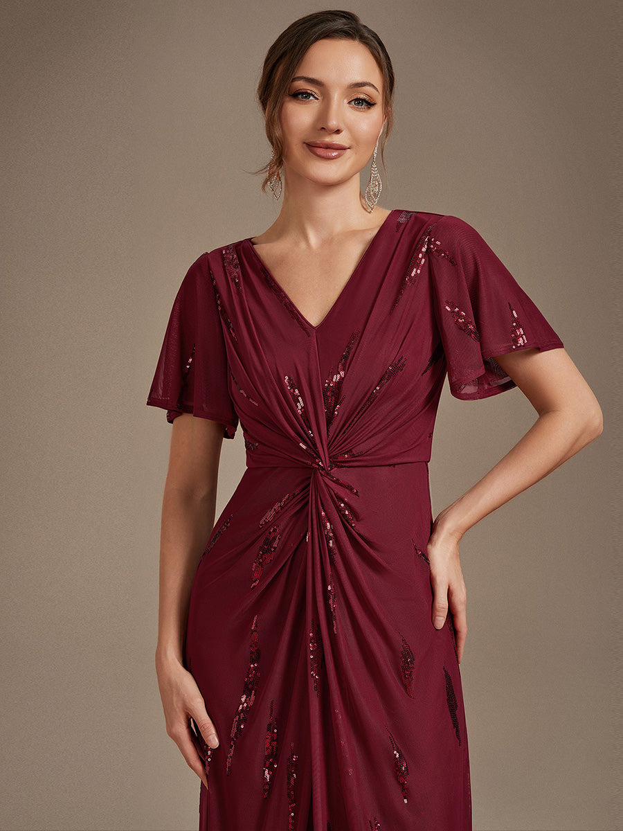 Tea Länge V Ausschnitt Etui Kleid Aus Tüll Mit Pailletten Und Schlitz Zum Binden Kleid #Farbe_Burgunderrot