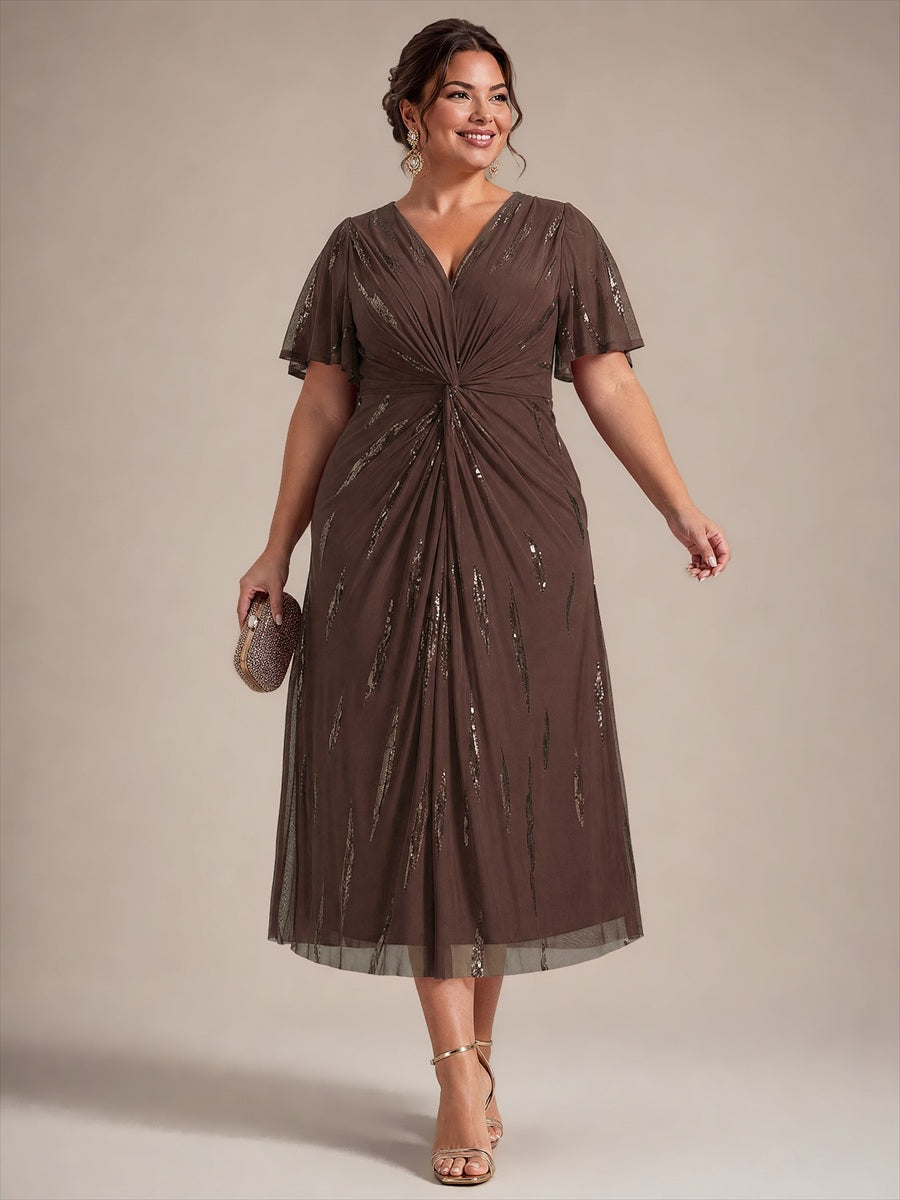 Tea Länge V Ausschnitt Etui Kleid Aus Tüll Mit Pailletten Und Schlitz Zum Binden Kleid #Farbe_Schokoladenbraun