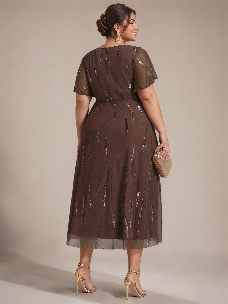 Tea Länge V Ausschnitt Etui Kleid Aus Tüll Mit Pailletten Und Schlitz Zum Binden Kleid #Farbe_Schokoladenbraun