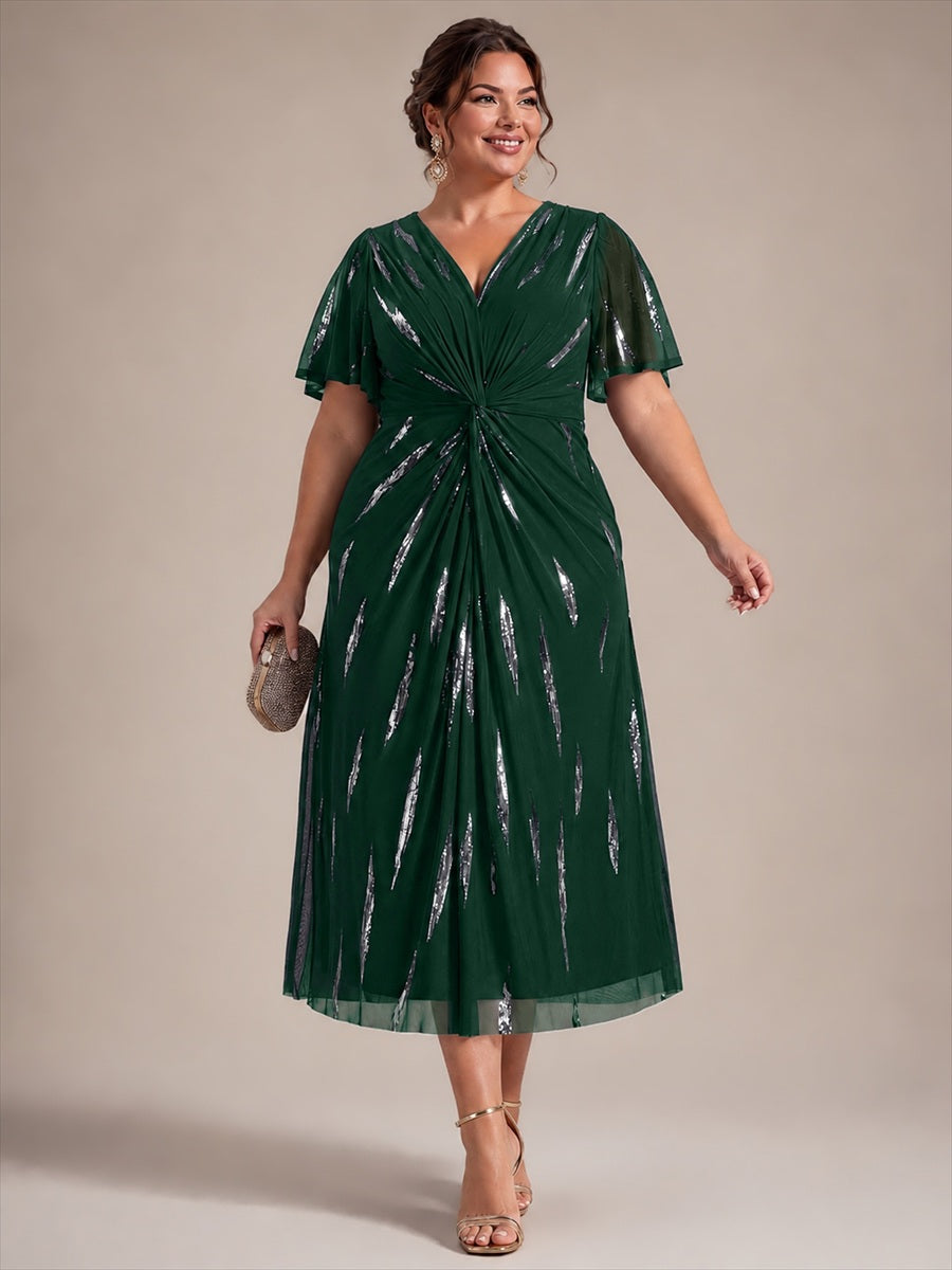 Tea Länge V Ausschnitt Etui Kleid Aus Tüll Mit Pailletten Und Schlitz Zum Binden Kleid #Farbe_Dunkelgrün