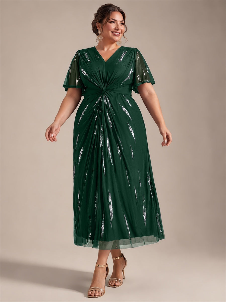 Tea Länge V Ausschnitt Etui Kleid Aus Tüll Mit Pailletten Und Schlitz Zum Binden Kleid #Farbe_Dunkelgrün