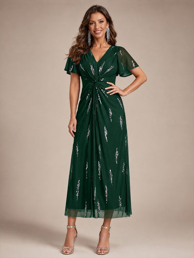 Tea Länge V Ausschnitt Etui Kleid Aus Tüll Mit Pailletten Und Schlitz Zum Binden Kleid #Farbe_Dunkelgrün