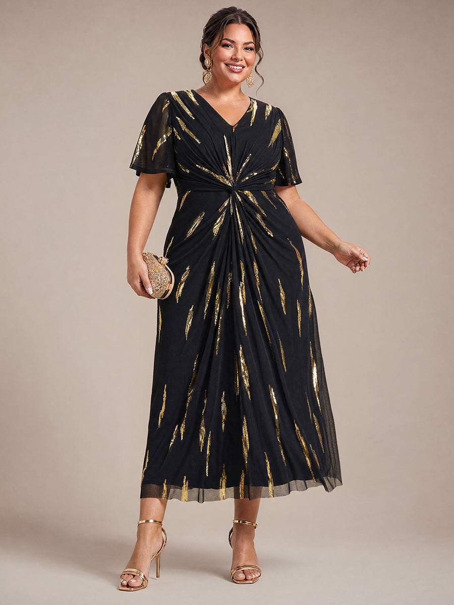 Tea Länge V Ausschnitt Etui Kleid Aus Tüll Mit Pailletten Und Schlitz Zum Binden Kleid #Farbe_Schwarz / Metallisches Gold