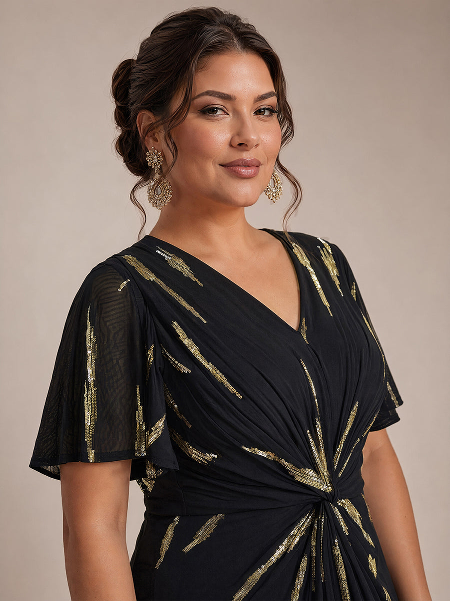 Tea Länge V Ausschnitt Etui Kleid Aus Tüll Mit Pailletten Und Schlitz Zum Binden Kleid #Farbe_Schwarz / Metallisches Gold