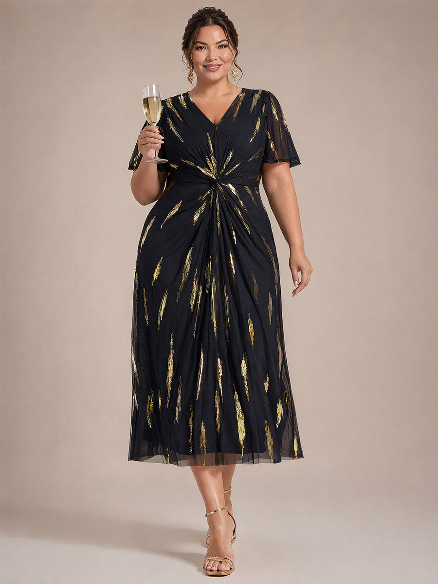 Tea Länge V Ausschnitt Etui Kleid Aus Tüll Mit Pailletten Und Schlitz Zum Binden Kleid #Farbe_Schwarz / Metallisches Gold