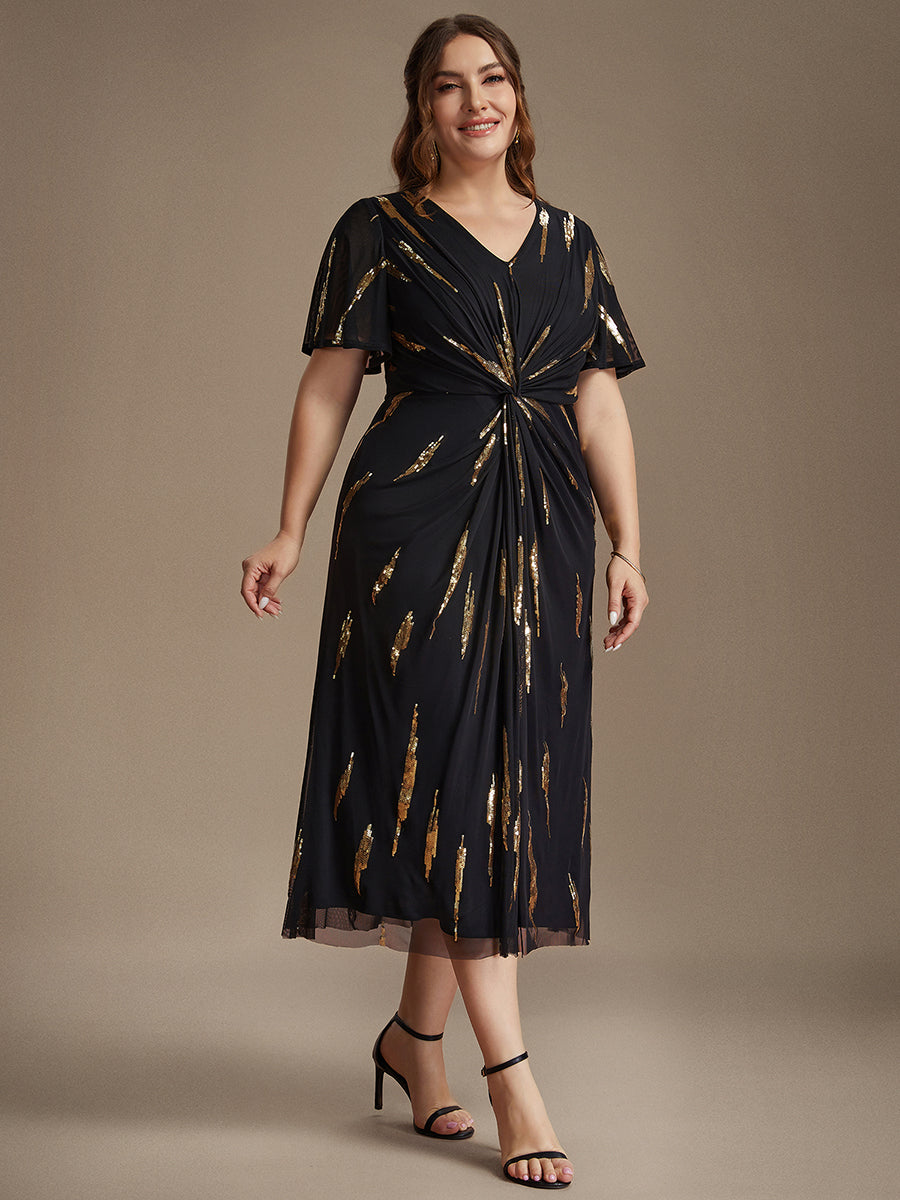 Tea Länge V Ausschnitt Etui Kleid Aus Tüll Mit Pailletten Und Schlitz Zum Binden Kleid #Farbe_Schwarz & Gold