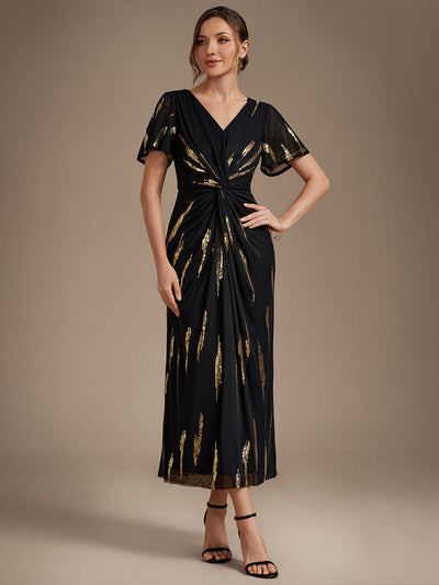 Tea Länge V Ausschnitt Etui Kleid Aus Tüll Mit Pailletten Und Schlitz Zum Binden Kleid #Farbe_Schwarz & Gold