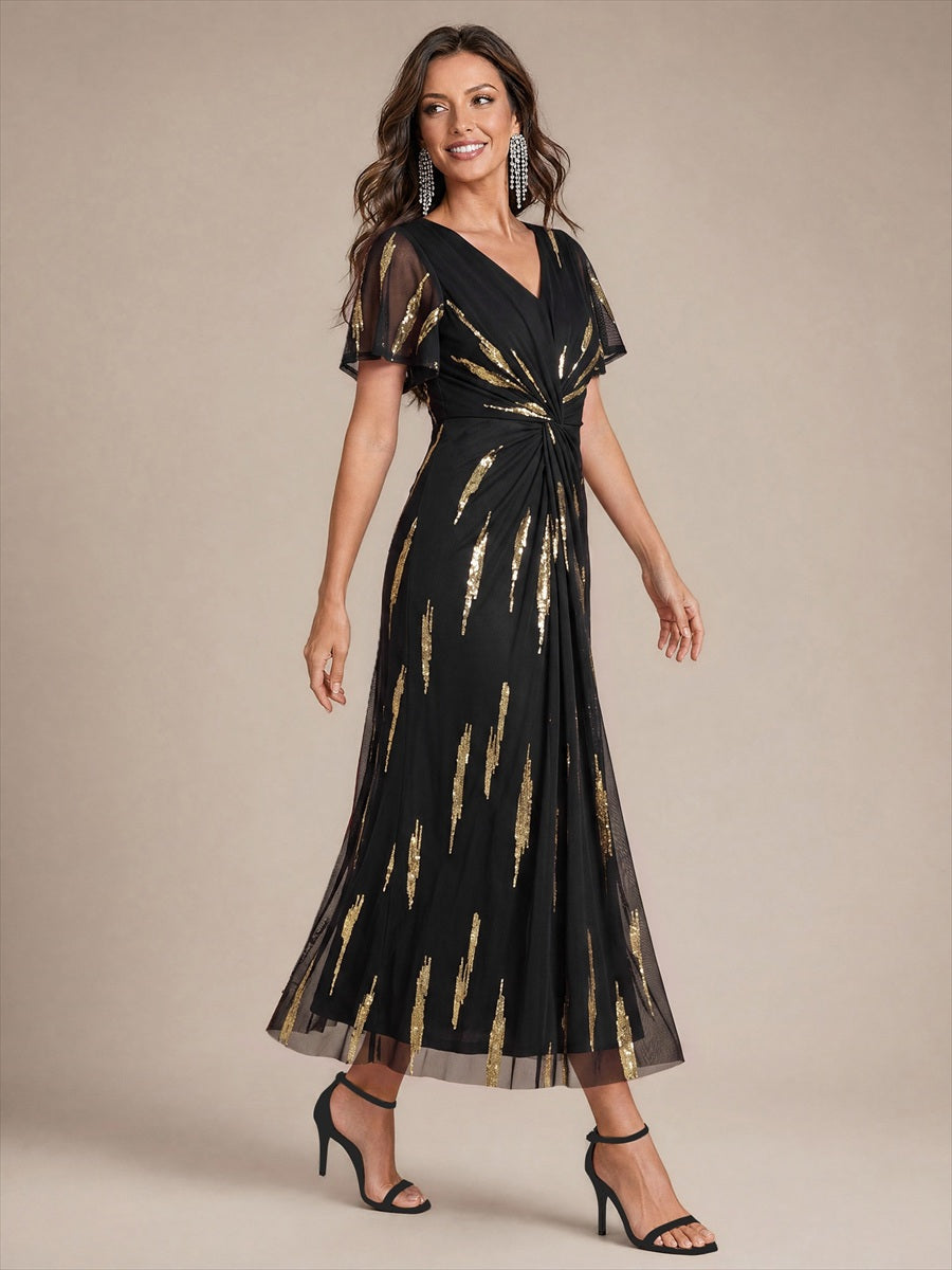 Tea Länge V Ausschnitt Etui Kleid Aus Tüll Mit Pailletten Und Schlitz Zum Binden Kleid #Farbe_Schwarz / Metallisches Gold
