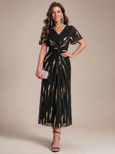 Tea Länge V Ausschnitt Etui Kleid Aus Tüll Mit Pailletten Und Schlitz Zum Binden Kleid #Farbe_Schwarz / Metallisches Gold
