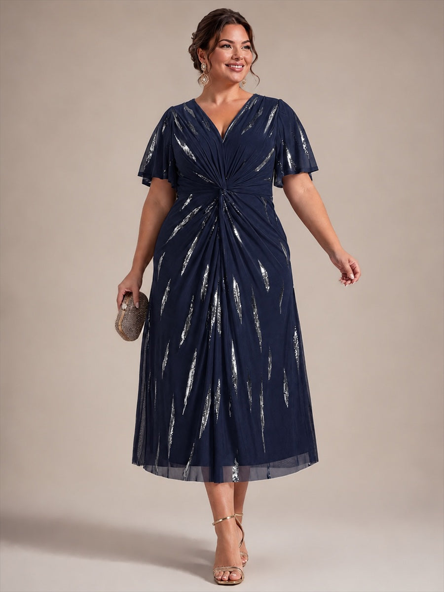Tea Länge V Ausschnitt Etui Kleid Aus Tüll Mit Pailletten Und Schlitz Zum Binden Kleid #Farbe_Marineblau