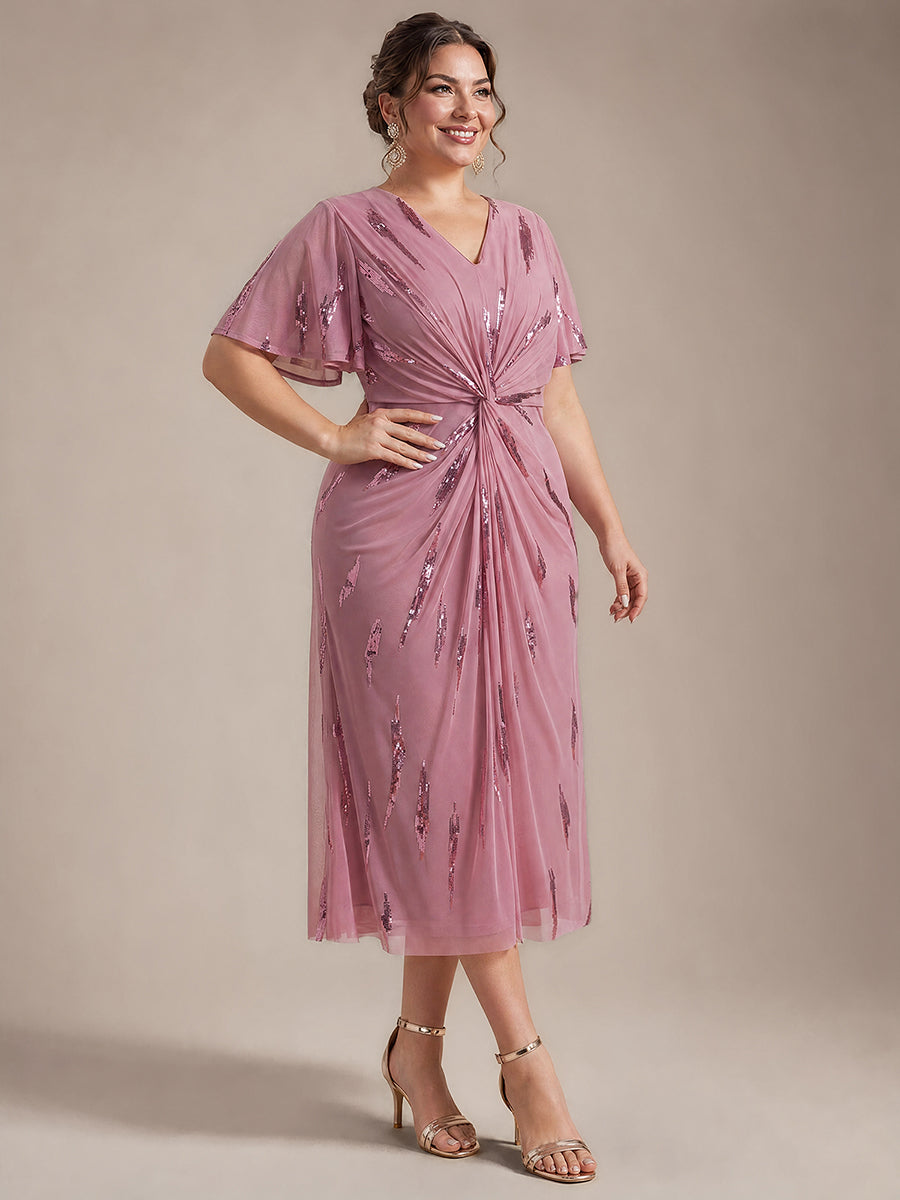 Tea Länge V Ausschnitt Etui Kleid Aus Tüll Mit Pailletten Und Schlitz Zum Binden Kleid #Farbe_Orchideenviolett