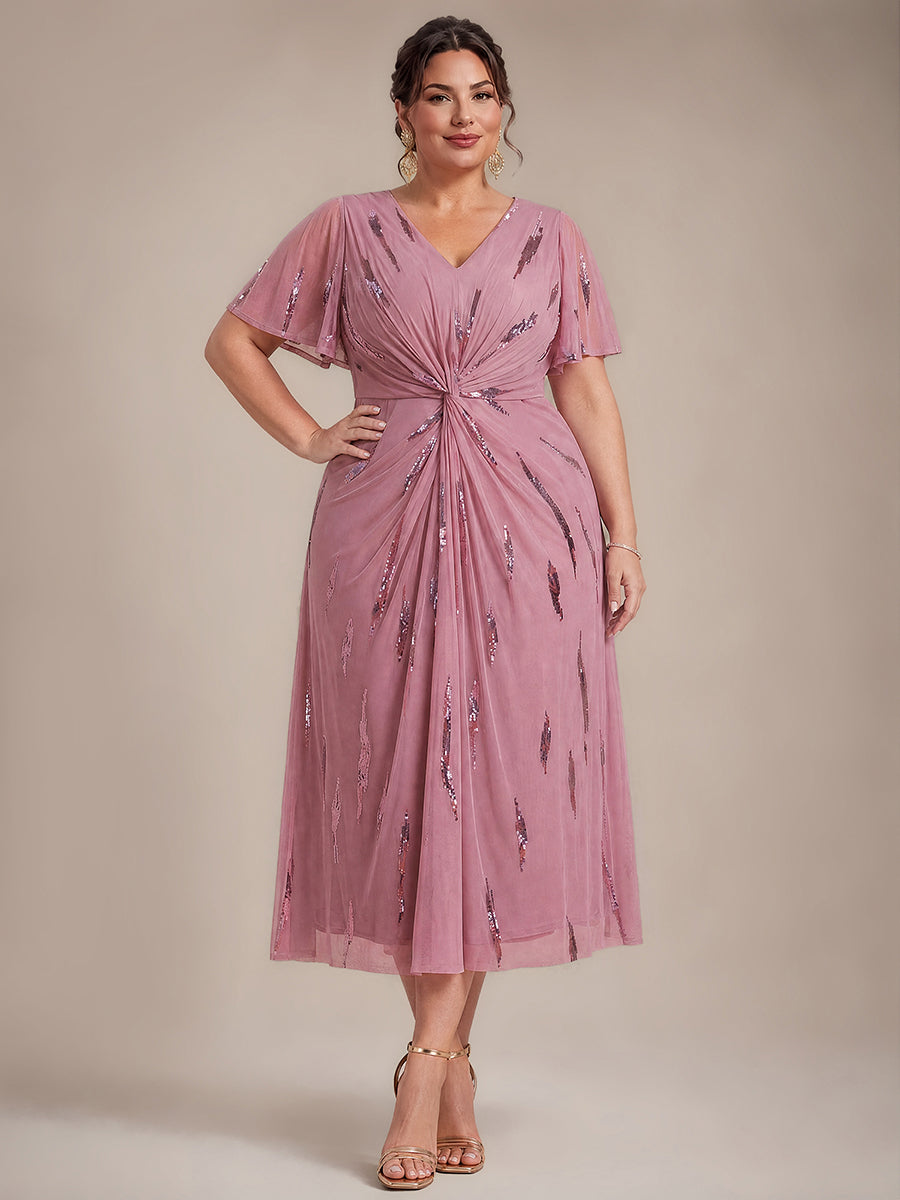 Tea Länge V Ausschnitt Etui Kleid Aus Tüll Mit Pailletten Und Schlitz Zum Binden Kleid #Farbe_Orchideenviolett
